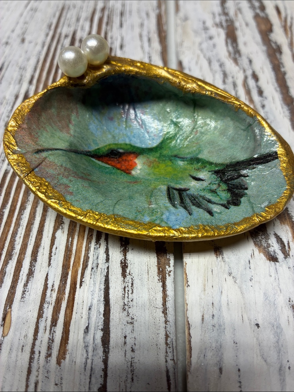 Hand-Painted Hummingbird Trinket Dish in Green with Gold Edge and faux pearls